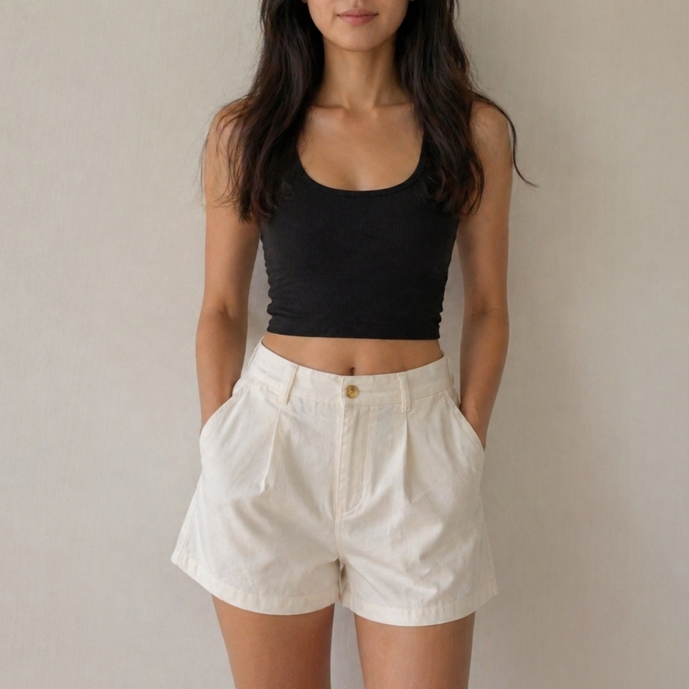 High-Waisted Cream Women's Shorts with Front Pleats